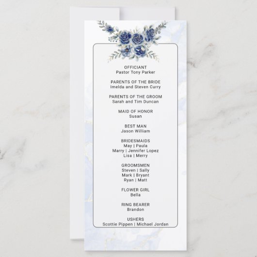Blue Romantic Floral Botanica Wedding Program Card (Rückseite)