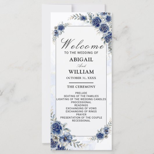 Blue Romantic Floral Botanica Wedding Program Card (Vorderseite)