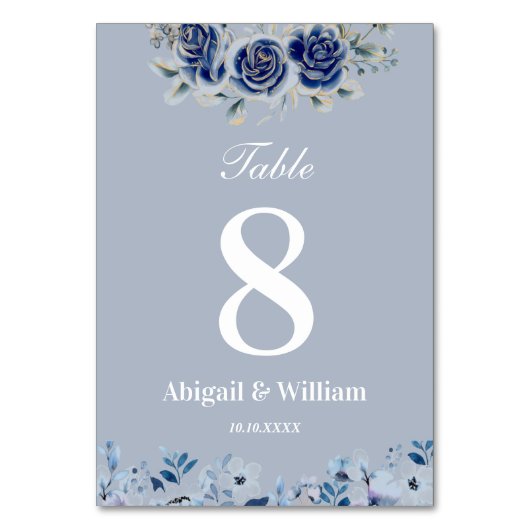 Blue Romantic Floral Botanical Wedding Table Card Tischnummer (Vorderseite)