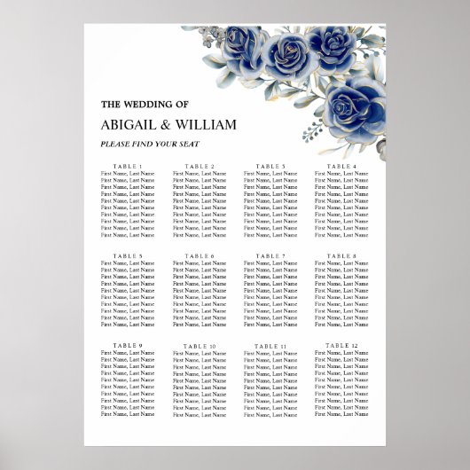Blue Romantic Floral Wedding Seating Chart Poster (Vorne)