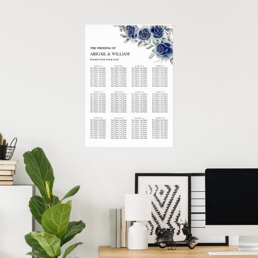 Blue Romantic Floral Wedding Seating Chart Poster (Heimbüro)
