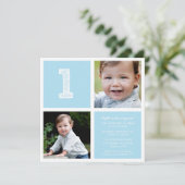 Blue Room mit Platz First Birthday Party Foto Einladung (Stehend Vorderseite)