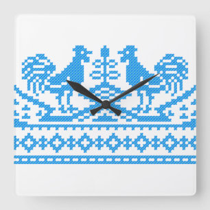 Blue Rooster cross-stitch Quadratische Wanduhr