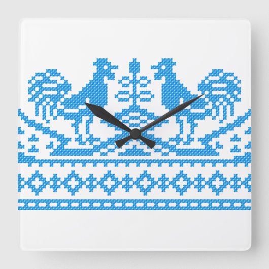 Blue Rooster cross-stitch Quadratische Wanduhr (Vorderseite)