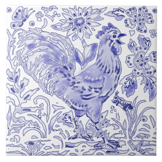 Blue Rooster Hühnerinsekt Bauernhof Rustikale Kuns Fliese (Vorderseite)