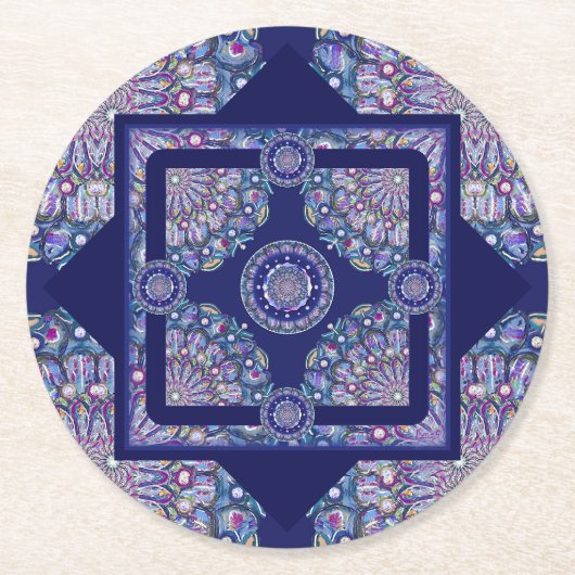 Blue Rosace Runder Pappuntersetzer (Vorderseite)