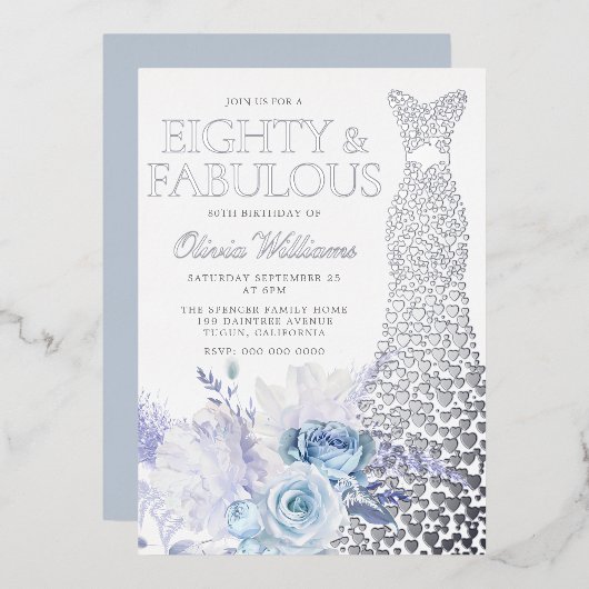 Blue Rose 80. Geburtstagsparty Silver Folieneinladung (Vorderseite/Rückseite)