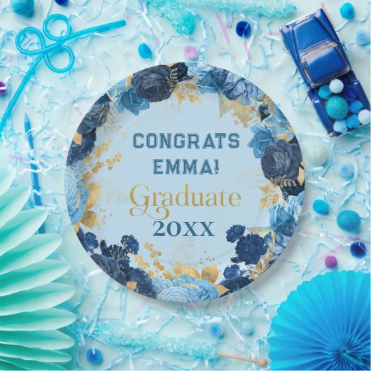 Blue Rose and Gold Foil Blätter Abschluss Pappteller (Party)