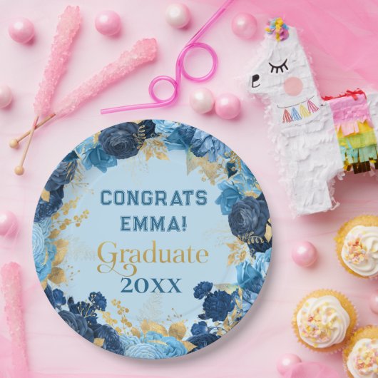 Blue Rose and Gold Foil Blätter Abschluss Pappteller (Party)