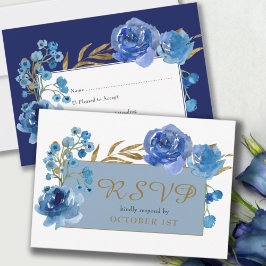 Blue Rose and Gold Leaf Quinceanera Response Card RSVP Karte