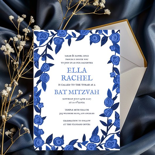 Blue Rose Bat Bar Mitzvah Modernes Girl Custom Einladung
