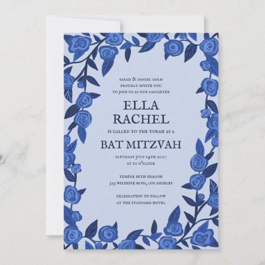 Blue Rose Bat Bar Mitzvah Modernes Girl Custom Einladung (Vorderseite)