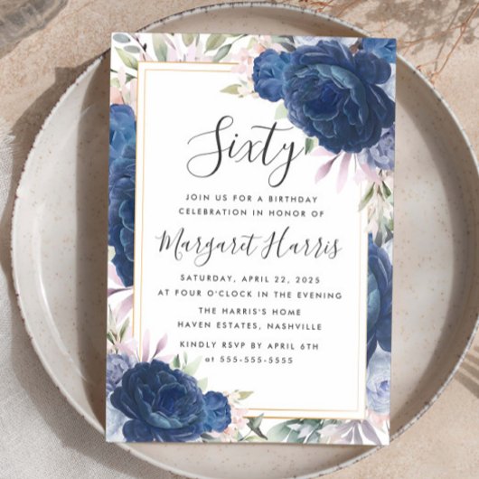 Blue Rose Blumengoldrahmen 60. Geburtstag sechzig Einladung