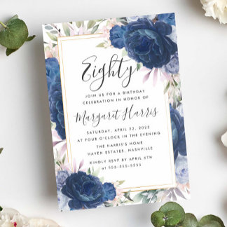 Blue Rose Blumengoldrahmen 80. Geburtstag Einladung