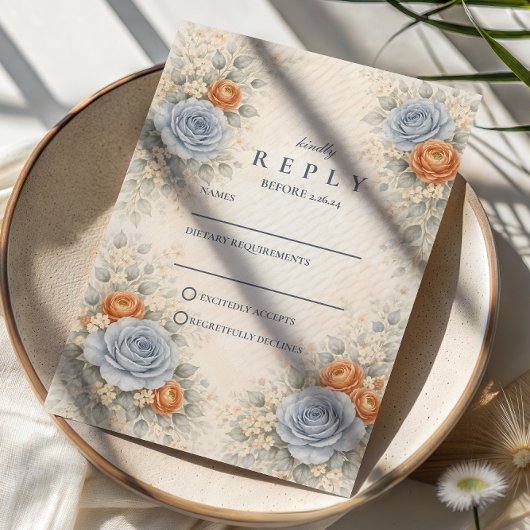 Blue Rose Botanical Wedding RSVP Karte
