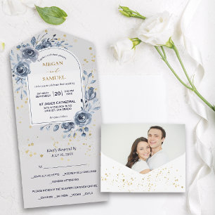Blue Rose Bouquet Foto Wedding All In One Einladung
