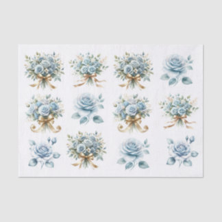 Blue Rose Bouquet Gold Ribbon Ephemera Decoupage Seidenpapier