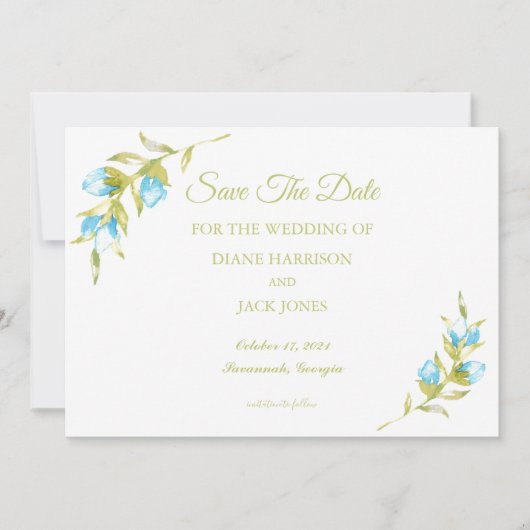 Blue Rose Buds Wedding Save the Date Einladung (Vorderseite)