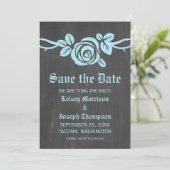 Blue Rose Chalkboard Save the Date einladen (Stehend Vorderseite)
