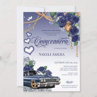 Blue Rose Classic Blue Lowrider Chola Quinceanera Einladung