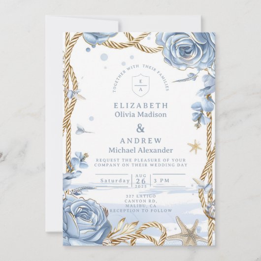 Blue Rose Coastal Rope Wedding Einladung (Vorderseite)