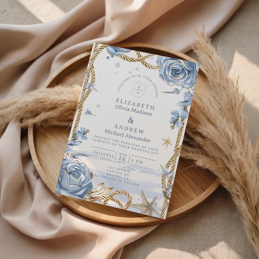 Blue Rose Coastal Rope Wedding Einladung