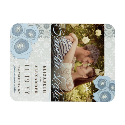 Blue Rose Damask Lace Foto Speichern das Datumsfen Magnet (Horizontal)