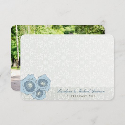 Blue Rose Damask Spitzen Elegantes schicke Hochzei Dankeskarte (Vorne/Hinten)