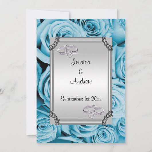 Blue Rose & Diamond Wedding Rings Einladung (Vorderseite)