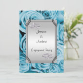 Blue Rose & Diamond Wedding Rings Verlobung Einladung (Stehend Vorderseite)