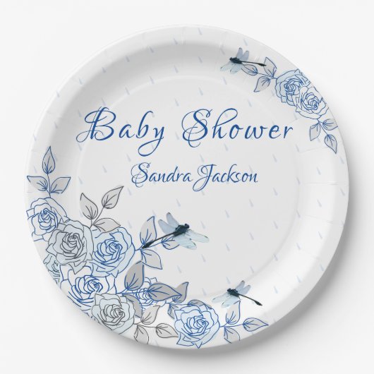 Blue Rose Dragonfly Boy Baby Dusche Pappteller (Vorderseite)