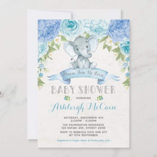 Blue Rose Elephant Baby Shower Jungle Einladung (Vorderseite)
