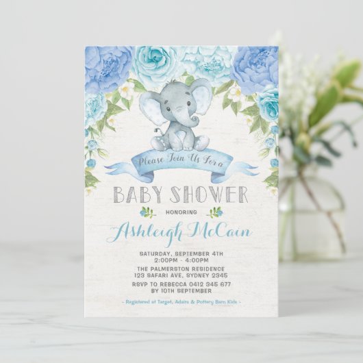 Blue Rose Elephant Baby Shower Jungle Einladung (Stehend Vorderseite)