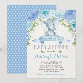 Blue Rose Elephant Baby Shower Jungle Einladung