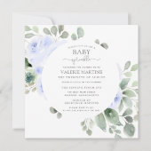 Blue Rose Floral Baby Sprinkle Einladung (Vorderseite)
