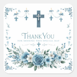 Blue Rose & Floral Cross Baptism Thank You Sticker