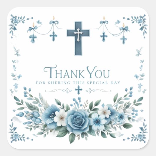 Blue Rose & Floral Cross Baptism Thank You Sticker (Vorderseite)