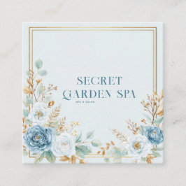 Blue Rose Floral Gold Frame Watercolor Sage Quadratische Visitenkarte