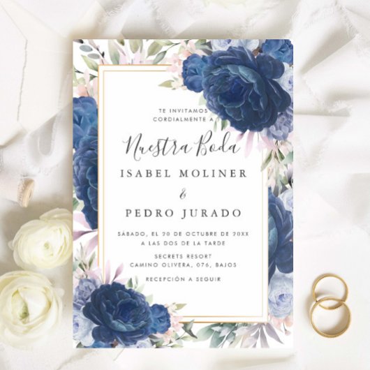 Blue Rose Floral Nuestra Boda Spanish Wedding Einladung