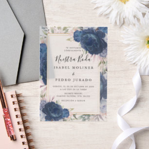 Blue Rose Floral Nuestra Boda Spanish Wedding Pergament Einladungen