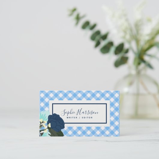 Blue Rose Floral und Blue Gingham Visitenkarte (Stehend Vorderseite)
