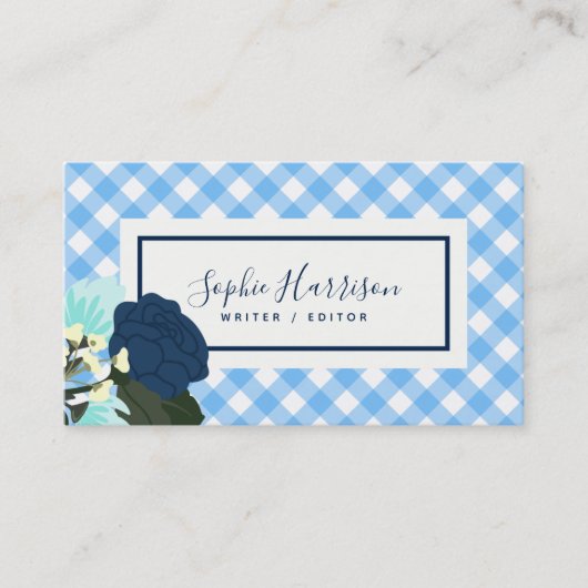 Blue Rose Floral und Blue Gingham Visitenkarte (Vorderseite)