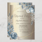 Blue Rose Frame Champagne Gold Einladung (Vorne/Hinten)