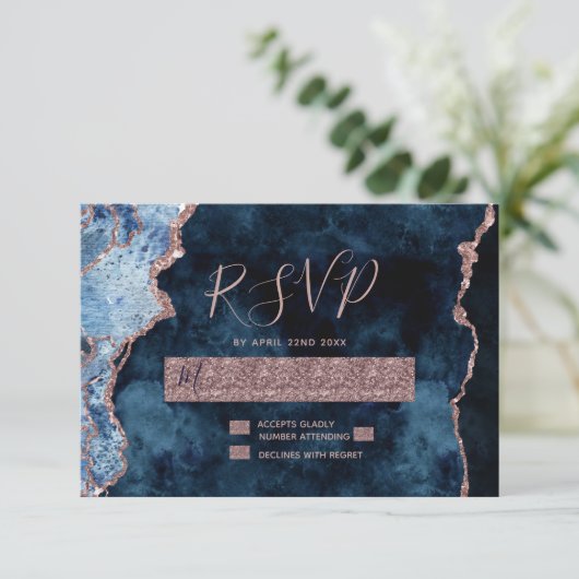 Blue Rose Gold Agate Hochzeit RSVP Response (Stehend Vorderseite)