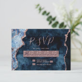 Blue Rose Gold Agate Hochzeit RSVP Response Karte (Stehend Vorderseite)