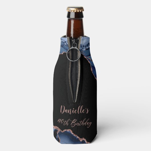 Blue Rose Gold Agate Marble 40 & Fabulous 40. Flaschenkühler (Flasche Rückseite)