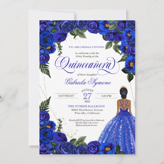 Blue Rose & Gold Extravagant Ball Goa Quinceanera Einladung (Vorderseite)