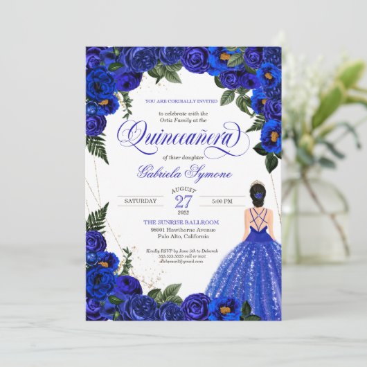 Blue Rose & Gold Extravagant Ball Gown Quinceanera Einladung (Stehend Vorderseite)