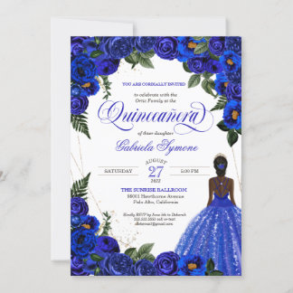 Blue Rose & Gold Extravagant Ball Gown Quinceanera Einladung