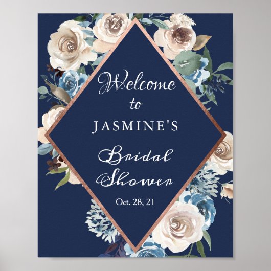 Blue Rose Gold Floral Brautparty Signature Poster (Vorne)